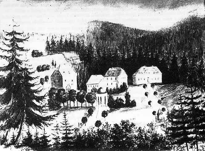 Prví klášterní lázeòský dùm zvaný Traiteurhaus byl postaven roku 1808. V pøízemí bylo 8 koupelen a v patøe 5 pokojù pro hosty. Vpravo Staré láznì.