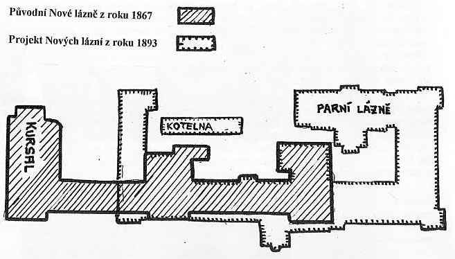 Porovnání Nových lázní z roku 1867 s Schafferovým projektem pøestavby z roku 1893. Délka pøední fronty obou se nezmìnila, nastal pouze posun západním smìrem.