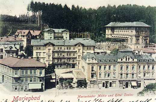 HOTEL CASINO (Nr. 121) rechts hinten - MARIENBADER MHLE (Nr. 61) rechts unten; hinten in der Mitte VILLA NEWA (Nr. 124) im Jahre 1902
