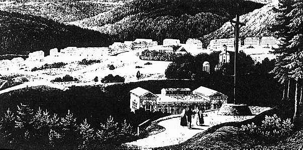 Rytina "pohled od Karlova bke na lzn a rekonstruovanou kapli" (po roce 1841).