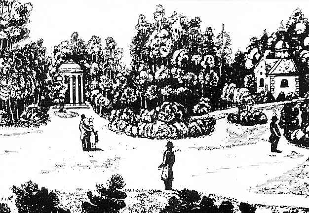Rytina "Karolinin pramen a nov kaple" (z roku 1825) v hust zeleni.