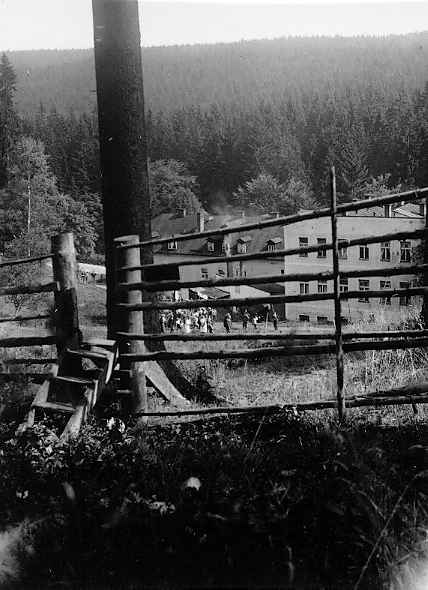 Pohled od lesa z Kynvartsk obory na zadn stranu vily Edelweiss v dob vyetovn - 31.VII.1933