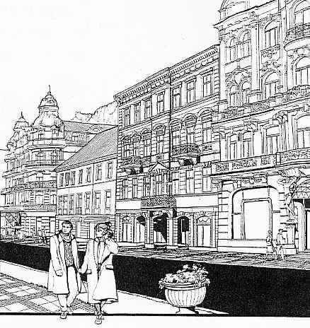 Na okrajch kresby Ludmily Mkov 
jsou dva Baruchovy hotely
- oba projektoval Arnold Heymann
zcela vlevo - BOHEMIA
zcela vpravo - POLONIA. 
Dva domy uprosted touil Emil Baruch odkoupit 
a postavit tu Grandpalac nejvt v mst.