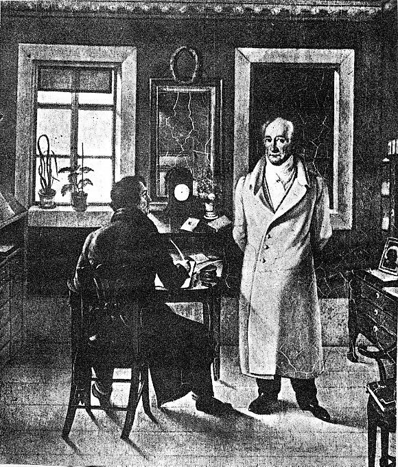 Goethe pechazejc a diktujc kancelistovi Johnovi (obraz Josefa Schmellera 1831)