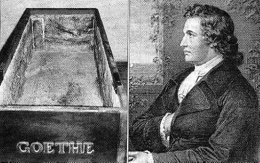 V roce 1970 vyali vchodonmet vdci pod roukou tmy ostatky literrnho gnia Goetha ze sarkofgu ve mst Vmar. na obrzku vpravo je spisovatelova podobizna z konce 18.stolet